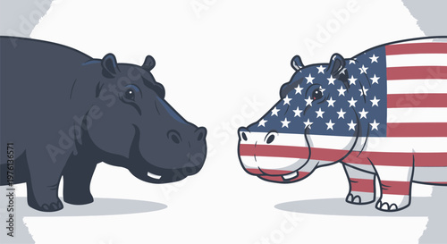 Independence Day American flag hippo confronting dark hippo in political satire vector illustration