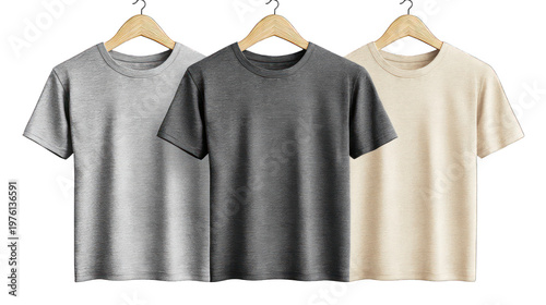 Three t-shirts on hangers against a black background on transparent background