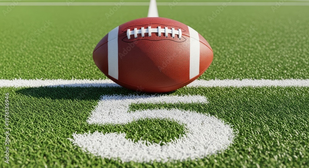 Obraz premium American football on green grass field with white yard line and number five.