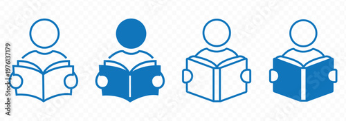 Black and white reading icon set featuring people reading books, open textbooks, library symbols, and educational literature for school, university, literacy, and academic study designs.