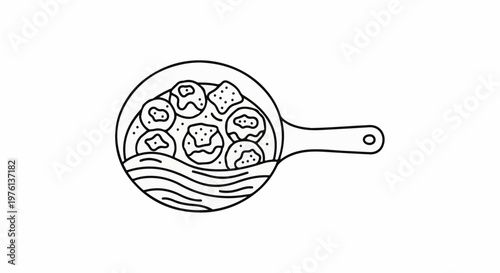 Round meatballs with wavy sauce in a simple pan