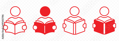Black and white reading icon set featuring people reading books, open textbooks, library symbols, and educational literature for school, university, literacy, and academic study designs.