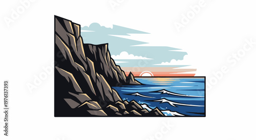 Rugged cliff meets ocean waves at sunset, dramatic sky