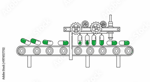 Pharmaceutical production line with green and white capsules on conveyor