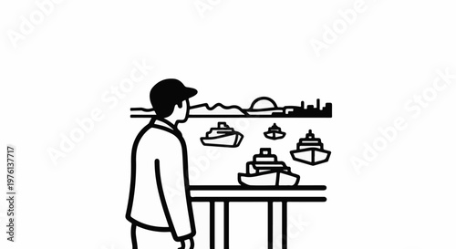 Person in cap observes a display of model boats at a waterfront exhibit