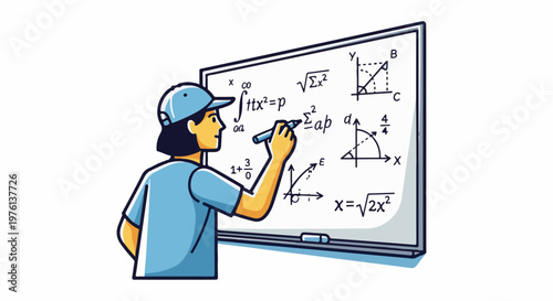 Person in cap writing complex math equations and graphs on a whiteboard