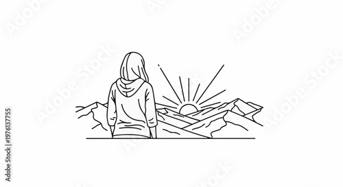 Person in hoodie observes sunrise over mountainous landscape in line art