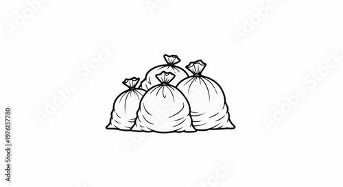 Pile of assorted sized drawstring garbage bags in outline