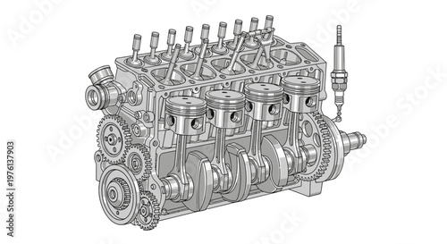 Internal Combustion Engine Cutaway Diagram - Automotive Technology Illustration