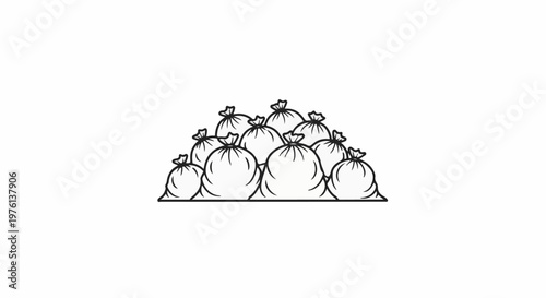 Pile of tied trash bags, simple black and white outline illustration
