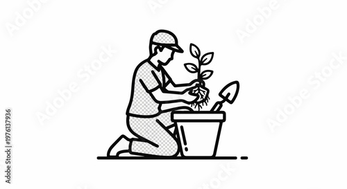 Person kneeling, planting a small plant in a pot with a trowel nearby