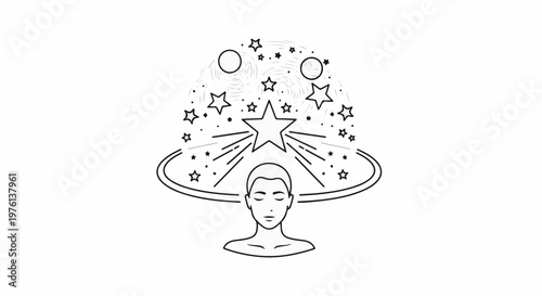 Person meditating with a cosmic display of stars, planets, and swirling light above