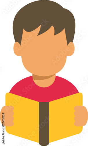 Boy in a red shirt holding an open yellow book, representing childhood reading and studying