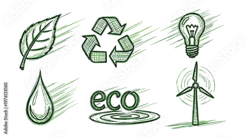 Eco-friendly Icon Set: A collection of hand-drawn eco-friendly icons representing sustainability, environmental consciousness, and green living.