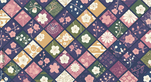 Repeating geometric pattern with delicate floral motifs in muted pastel and jewel tones