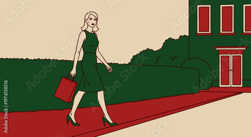 A sophisticated woman in a green dress strolls down a modern city street with a red shopping bag, captured in a clean, graphic 20.eps style vector illustration