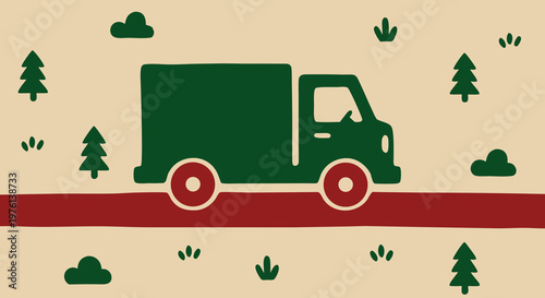 Green delivery truck driving through a stylized rural landscape illustration, symbolizing transport, logistics, and eco-friendly shipping services