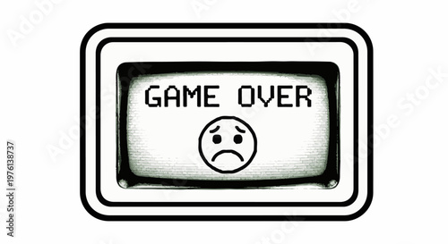 Retro screen displays "GAME OVER" with a sad face and static