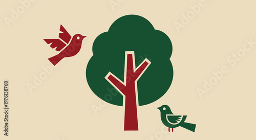 Stylized illustration of vibrant red birds soaring and perched near a lush green tree, embodying nature's beauty and ecological harmony in a clean, graphic design concept