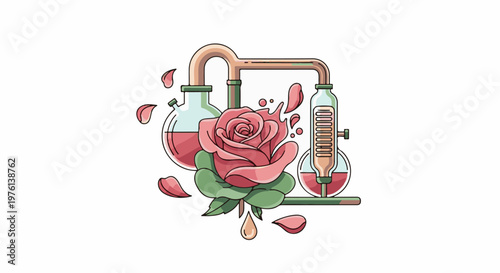 Pink rose distillation process with petals and liquid in flasks