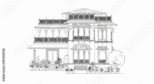 Ornate, traditional multi-story building with balconies, arched windows, and potted plants