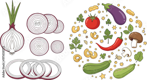 Onion slices and vegetable food pattern illustration featuring rings, fresh produce, and cooking ingredients in detailed colorful vector style