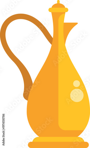 Golden ornate jug with a handle, pouring spout, and lid, showing a flat design