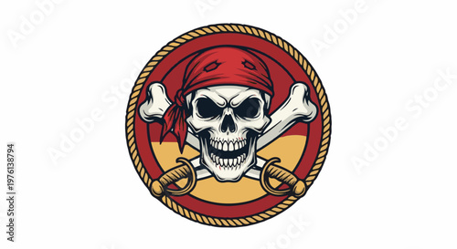 Pirate skull and crossbones emblem with swords and rope border