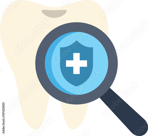 Tooth undergoing examination with a magnifying glass showing a medical shield protecting oral health