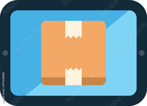 Tablet displaying a cardboard box, representing digital e commerce and fast delivery services