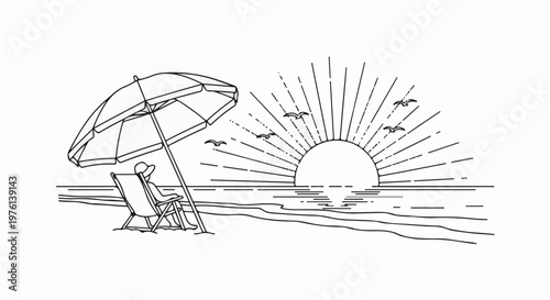 Person relaxing under umbrella on beach watching sunrise over ocean with birds flying