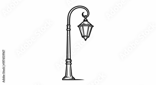 Ornate, vintage street lamp with curved arm and decorative base, black and white illustration