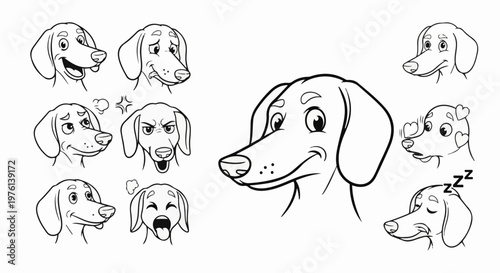 Multiple cartoon dachshund heads show various emotions and expressions
