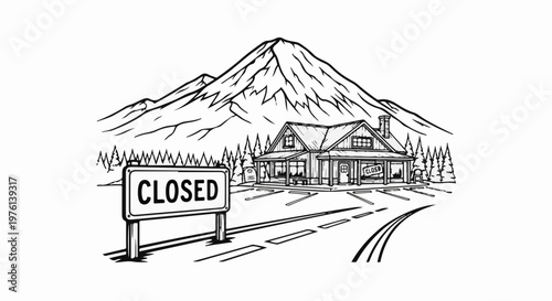 Mountain lodge, forest, and parking lot with a "CLOSED" sign