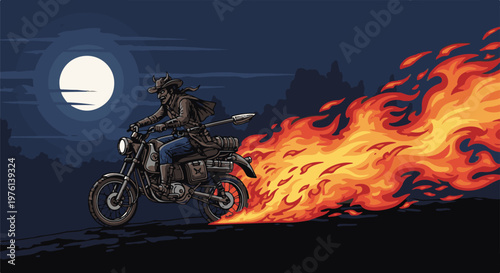 Pixel art cowboy on motorcycle leaves fiery trail under a full moon