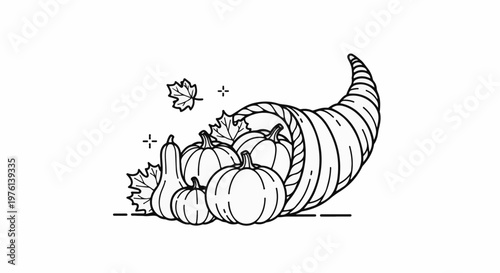 Outline of a cornucopia overflowing with pumpkins and gourds