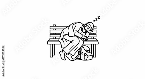 Person sleeping on a park bench with a backpack nearby