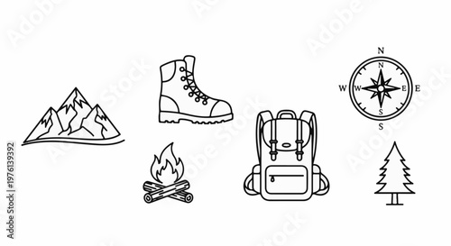 Mountain, boot, fire, backpack, compass, and tree icons