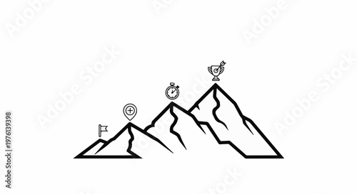 Mountain climb progress with flag, location, stopwatch, and trophy