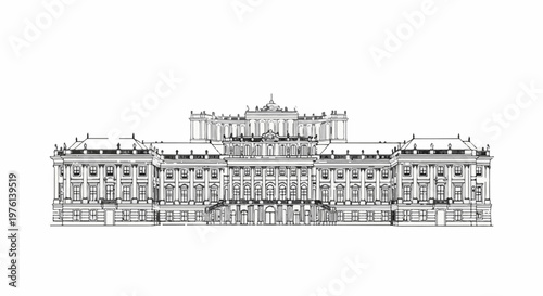 Ornately detailed sketch of a grand, symmetrical palace structure with multiple stories, windows, and decorative elements