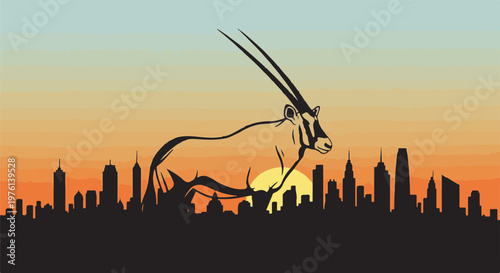 Oryx gazella silhouetted against a city skyline at sunset