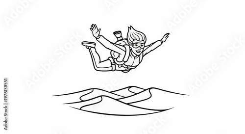 Person skydiving above desert dunes, cartoon style
