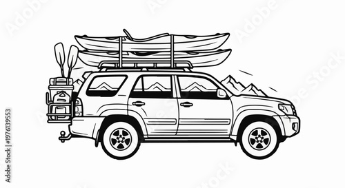 Outdoor adventure vehicle loaded with kayaks and camping gear for mountain exploration