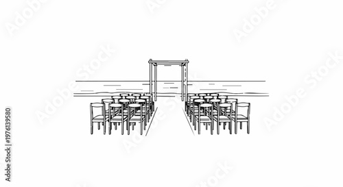 Outdoor ceremony setup with rows of chairs leading to an arch