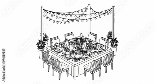 Outdoor dining setup with string lights, table set for a feast, chairs, and plants