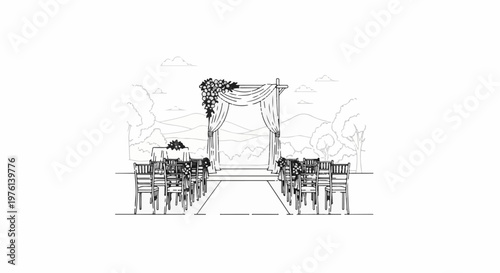 Outdoor wedding ceremony with decorated arch, chairs, and scenic background