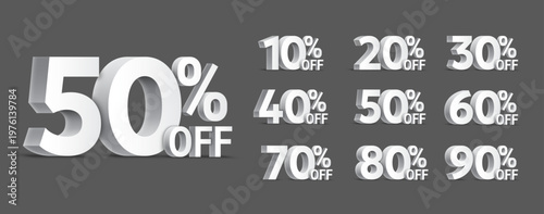Collection of vector white 3d numbers and percentage sign from 10 to 90 for sale and special offer promotion