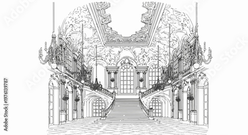 Ornate grand staircase with chandeliers and decorative ceiling in a palace
