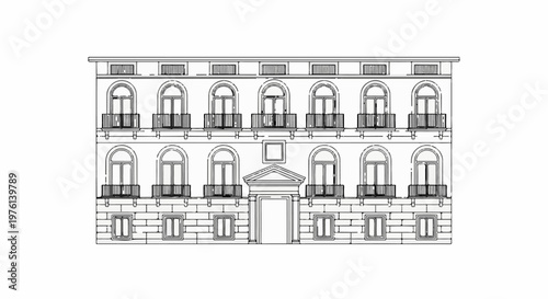 Ornate building facade with arched windows and balconies, sketched design