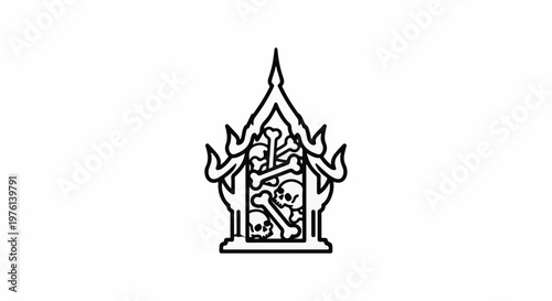 Ornate building silhouette with stacked skulls and bones inside